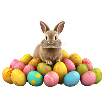 AI generated bunny surrounded by colorful Easter eggs on a transparent background png
