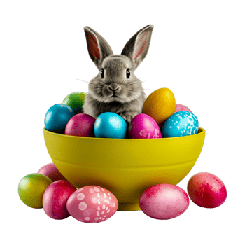 AI generated Easter bunny with colorful eggs in a bowl png