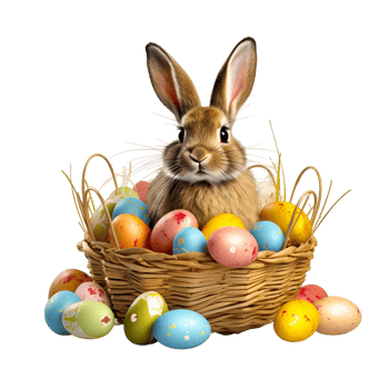 AI generated Festive basket with cute rabbit and easter orthodox eggs on a transparent background png