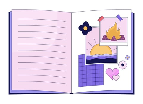 90s teenager secret diary 2D linear cartoon object. Memories summer girlish notebook isolated line vector element white background. Hiking campfire, meet sunrise color flat spot illustration