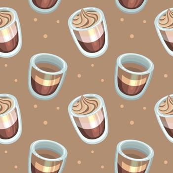 Seamless pattern, glasses with coffee and milkshakes on a beige background. Background, drinks, vector