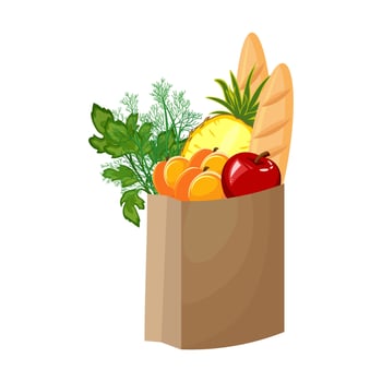 Paper bag with fruits, vegetables and baguettes. Healthy food concept. Illustration, vector