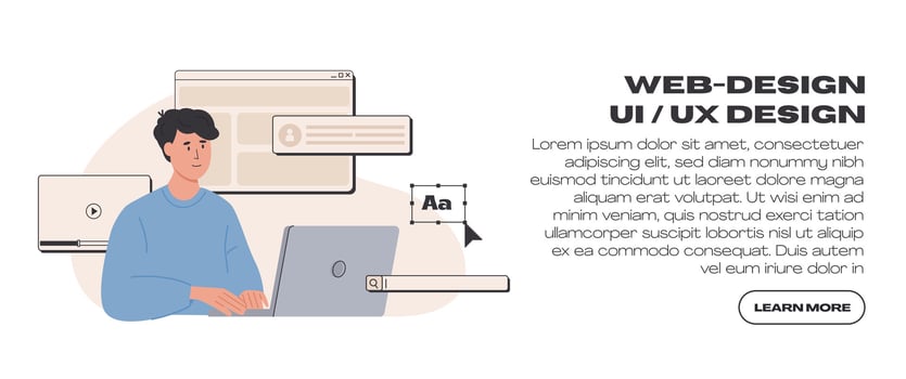 Web UI UX design web banner template. Freelancer at work creating content. Website development. Online business, marketing, communication. Content manager working on laptop. Vector flat illustration.