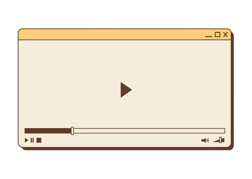 Video player template for web or mobile apps. Retro nostalgic screen live stream. Multimedia frame layout with play button, volume, time and users icons. Vector flat illustration.