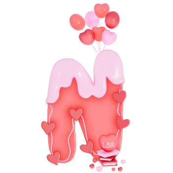 Sweet valentine's day alphabet N with decoration on transparent background , 3D Rendering png