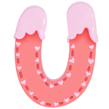 Sweet valentine's day alphabet U with decoration on transparent background , 3D Rendering png