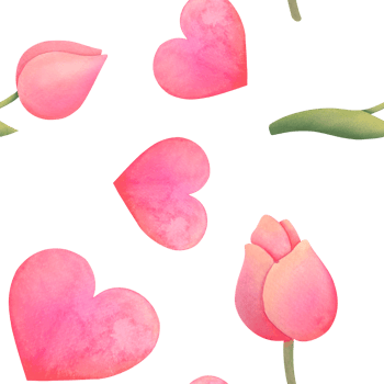 Watercolor delicate seamless pattern with pink tulips and cute hearts. perfect background for festive wrapping paper for Valentine's Day, international Women's Day, Mother's Day. Print for fabrics png