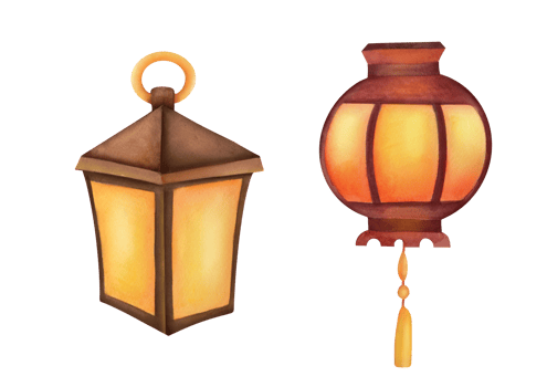 hand drawn watercolor Vintage traditional lantern clipart set. illustration collection on transparent background. cutout oriental oil lamp, burning warm. Retro antique kerosene lamp in metal frame png