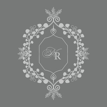 Wedding monogram design with MR initials. Wedding crest design with leaf wreath vector