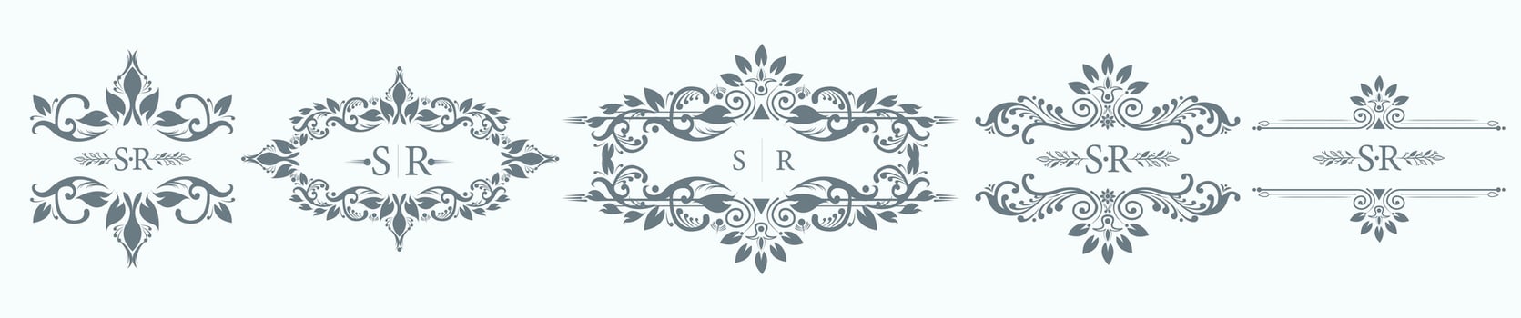 SR initial with intricate border designs for wedding monogram. Set of five wedding crests with SR logo vector