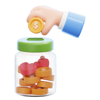 A hand is putting a coin into a jar 3d illustration isolated png