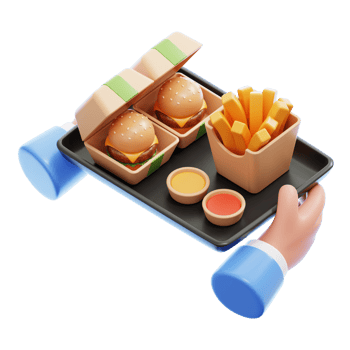 3D rendering of a hand gracefully serving a mouthwatering fast food meal in a box, providing the ultimate indulgence in the world of fast food. png