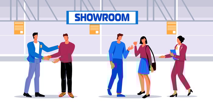 People in showroom hall - visitors and vendors presenting company. Appliances, furniture or cars showroom or exhibition. Expo centre interior with business people, flat vector illustration.