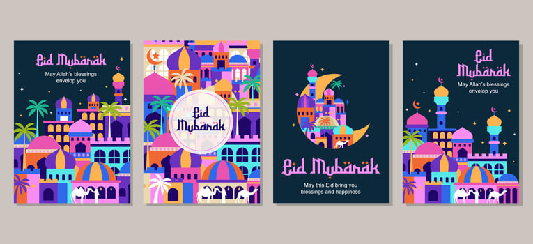 Set of eid mubarak al fitr islamic arabic mosque architecture illustration for a poster banner, cover template vector