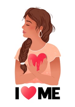 Happy Valentine's Day card with a Cute young woman with a heart in her hand and text I Love Me. Modern vector flat illustration in tender colors.