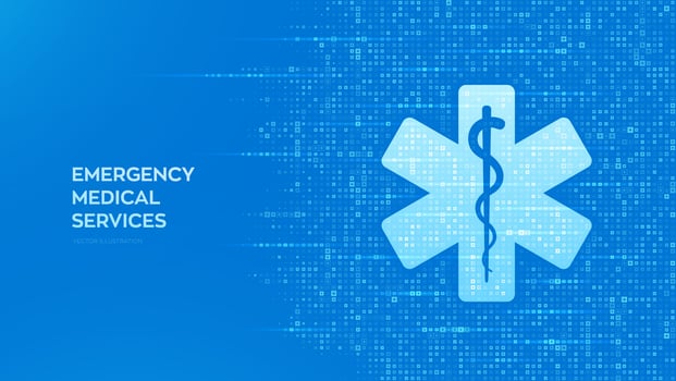 Emergency medical services icon on blue medical background made with cross shape symbol. Emergency call. Online medical support. Medicine and healthcare application. Vector illustration.