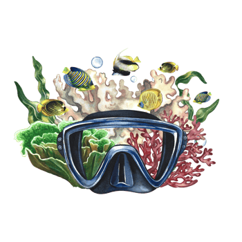 A diver's mask on a background of corals and marine fish. Hand-painted in watercolor. Underwater travel. For the design of labels, postcards and banners, flyers. For printing, stickers and T-shirts. png