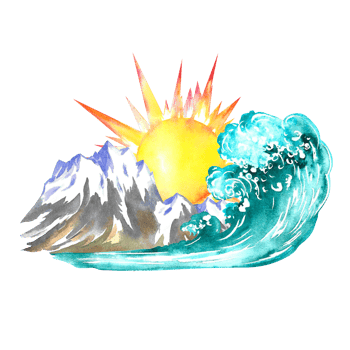 The sea wave, the sun and the mountains. Stylized seascape. A hand-drawn watercolor illustration. For flyers, banners, and postcards. For invitations, posters, labels and packaging, sticker printing. png
