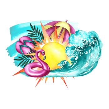 Holidays at sea. Beach paraphernalia with the scorching sun and sea waves. Hand drawn watercolor illustration. Beach umbrella, flip flops, flamingos. For the design of leaflets, banners, postcards. png