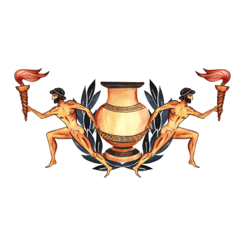 A composition with ancient Greek elements and athletes with a torch. An amphora, a laurel wreath. In the style of ancient Greek art painting. Hand-drawn watercolor illustration. For prints, postcards. png