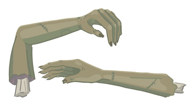 Zombie hands set, spooky doodles. Halloween vector illustration in cartoon style. Scary monster collection isolated on white background.