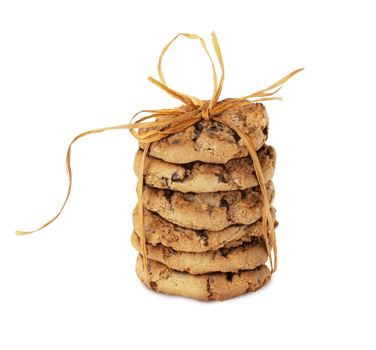 Freshly baked chocolate chip cookies tied with a ribbon png