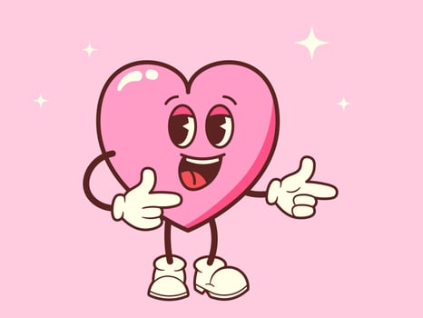 Vintage groovy heart.  Trendy Retro character with arms and legs. Cartoon Romantic mascot Vector illustration