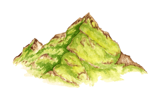 Watercolor illustration of green alpine landscape. Natural Rocky Mountain Range element isolated. Background element for the design of gardens, landscapes, parks, forests png