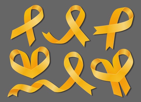 Endometriosis awareness month. Big set of yellow ribbons. Vector flat illustration.
