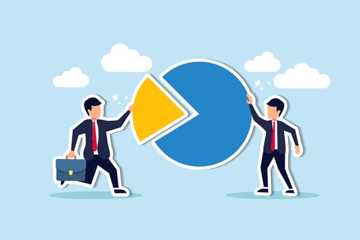 Company shareholder, investor or owner who hold percentage or company share assets, market distribution concept, businessman people holding part of pie chart metaphor of holding stock share. vector