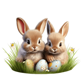 AI generated Rabbits family in the nest with many colorful Easter eggs for Happy Easter Day png