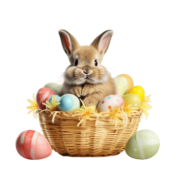 AI generated Easter bunny and colorful Easter Egg in a wicker basket on transparent background png