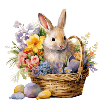 AI generated cute easter Bunny in a basket with flower and eggs on transparent background png