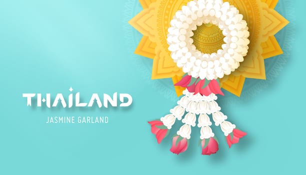 Thailand typography with thai jasmine garland and golden pedestal tray top view vector illustration