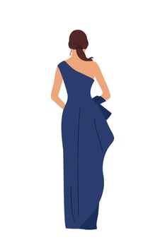 Stylish young woman in evening dress rear view. vector
