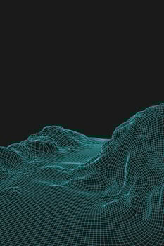 Blue abstract vector wireframe landscape background. 3D futuristic mesh mountains. 80s Retro illustration. Cyberspace technology valleys