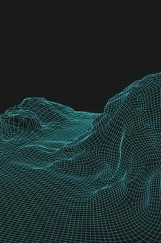 Blue abstract vector wireframe landscape background. 3D futuristic mesh mountains. 80s Retro illustration. Cyberspace technology valleys