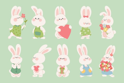 Collection of cute rabbits in love. Cartoon characters of happy bunnies couples with gifts, hearts, flowers. Kawaii hares for Valentine's Day card, sticker, banner, package design. Vector illustration