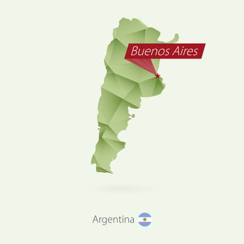 Green gradient low poly map of Argentina with capital Buenos Aires vector