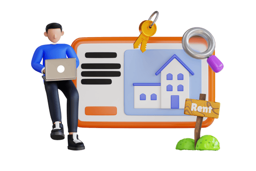 Boy searching house for rent 3d illustration. Search House online 3D Illustration png