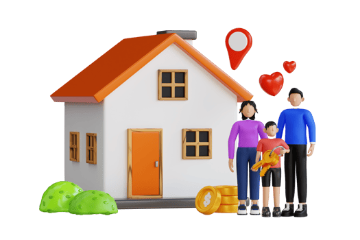 3d illustration of family standing in front of a new house. Happy family is taking keys from their new house. 3d illustration png