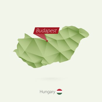 Green gradient low poly map of Hungary with capital Budapest vector