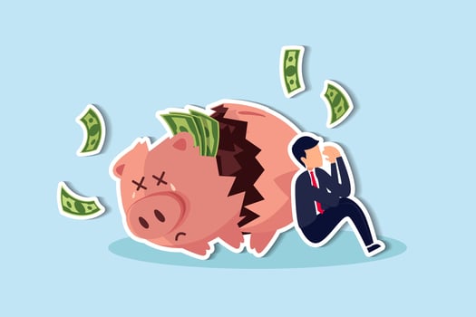 Debt and loan problem, financial mistake, poverty or bankruptcy concept, depressed businessman sitting with broken piggy bank. vector