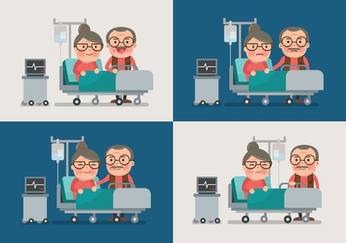 grandpa standing on the side of a bed in a hospital room visiting a sick grandma with intravenous saline solution vector