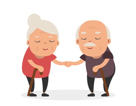 Retired elderly senior age couple in creative flat vector character design Grandpa and grandma standing full length smiling