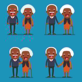 African american people - Retired elderly senior age couple in creative flat vector character design Grandpa and grandma standing full length smiling
