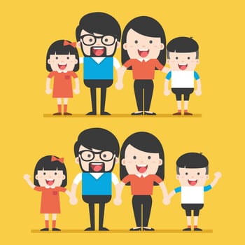 Portrait of four member happy stylish family posing together. Parents with kids. Vector colorful illustration in flat design