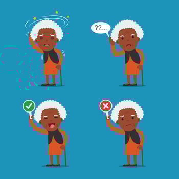 African american people, Old lady. Grandma in 4 Different Poses. Vector isolated illustration.