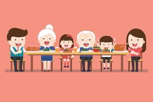 Family dinner. Happy extended family having Thanksgiving dinner vector