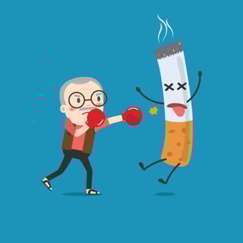 vector illustration of a cartoon fight against nicotine addiction. This illustration meaning to fighting for stop smoking.